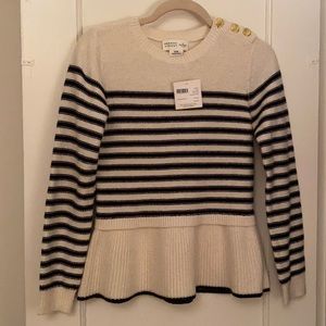 NWT Kate Spade XS Navy & Cream Striped Peplum Sweater w gold button at neck $228